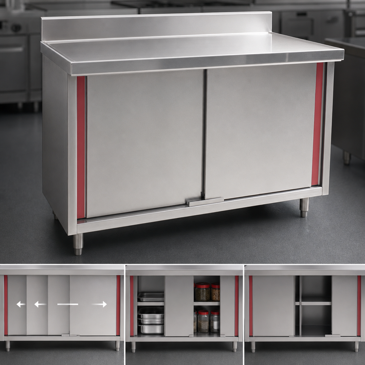 Product image #3 for Eagle Group Spec-Master Marine Series 96-Inch x 30-Inch Stainless Steel Enclosed Work Table with Cabinet Base, Sliding Doors, and 4-1/2-Inch Backsplash
