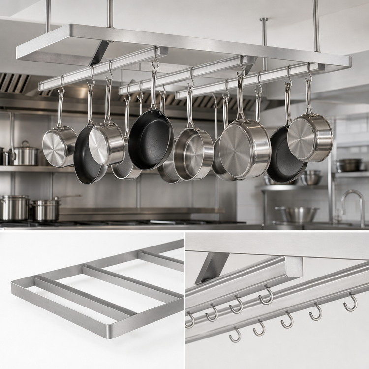 Product image #3 for Commercial Ceiling-Mounted Triple-Bar 304 Stainless Steel Pot Rack, 72 x 22 Inches, with 18 Hooks