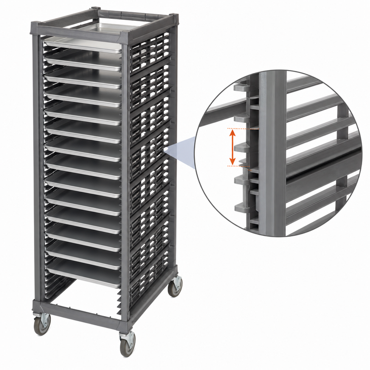 Product image #4 for Cambro Ultimate Full-Size Sheet Pan Rack, 40 Pan Capacity, 1-1/2 Inch Rail Spacing, Plastic Swivel Casters