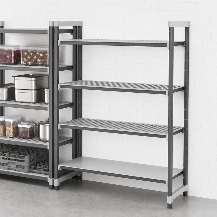 Product image #3 for Cambro Camshelving Elements XTRA 21" Deep x 30" Wide x 72" High 4-Tier Stationary Add-On Shelving Unit, 3 Vented + 1 Solid, Speckled Gray