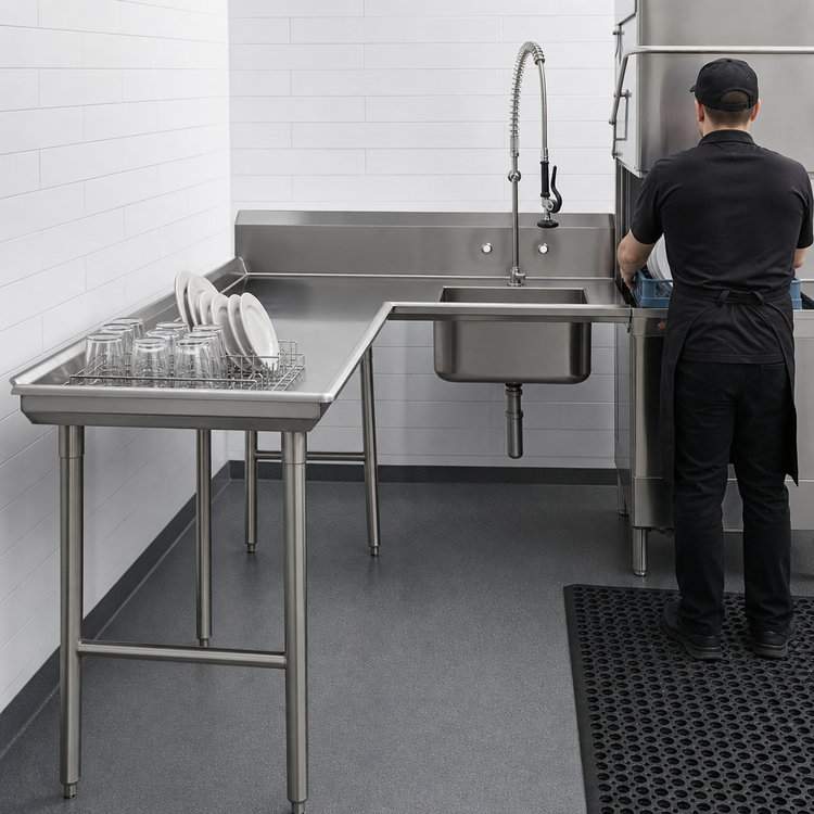 Product image #3 for Advance Tabco Left-Hand L-Shaped Island Soil Dishtable with Pre-Rinse Sink, 143-Inch, 14 Gauge 304 Stainless Steel