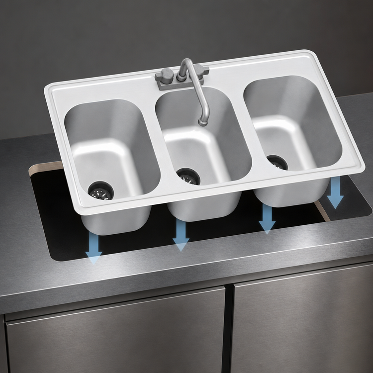 Product image #3 for Eagle Group Self-Rimming 3-Compartment Drop-In Sink with 16 x 20 x 8 Inch Bowls, Faucet and Basket Drains