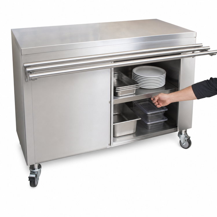 Product image #3 for BK Resources 60-Inch x 30-Inch Stainless Steel Serving Counter with Sliding Door and Drop Shelf