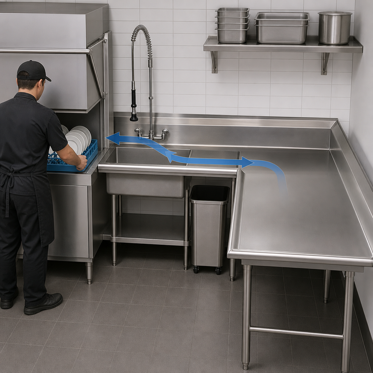 Product image #3 for Advance Tabco Korner L-Shaped Right-Hand Soil Dishtable with Pre-Rinse Sink, 95 Inch, 16 Gauge 304 Stainless Steel