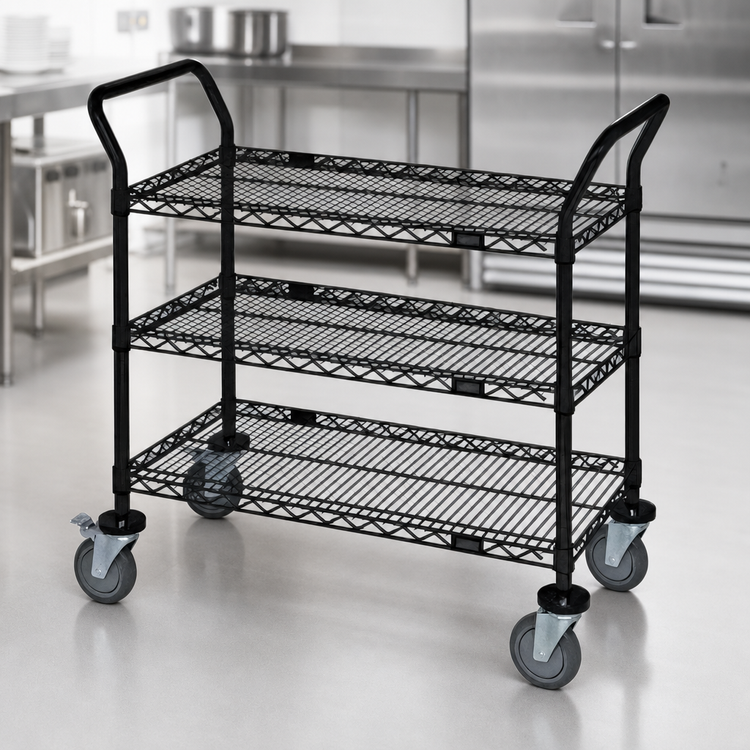 Product image #3 for Quantum 42" x 24" Black Epoxy 3-Shelf Wire Utility Bus Cart