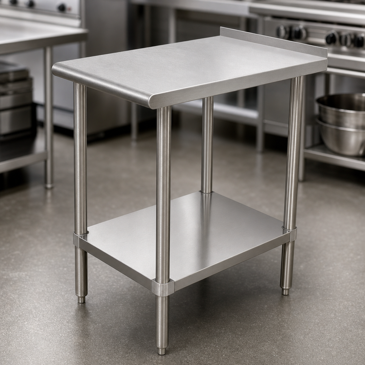 Product image #3 for Advance Tabco 16-Gauge 304 Stainless Steel Equipment Filler Table with Adjustable Undershelf, 18"W x 24"D, 1-1/2" Rear Up-Turn