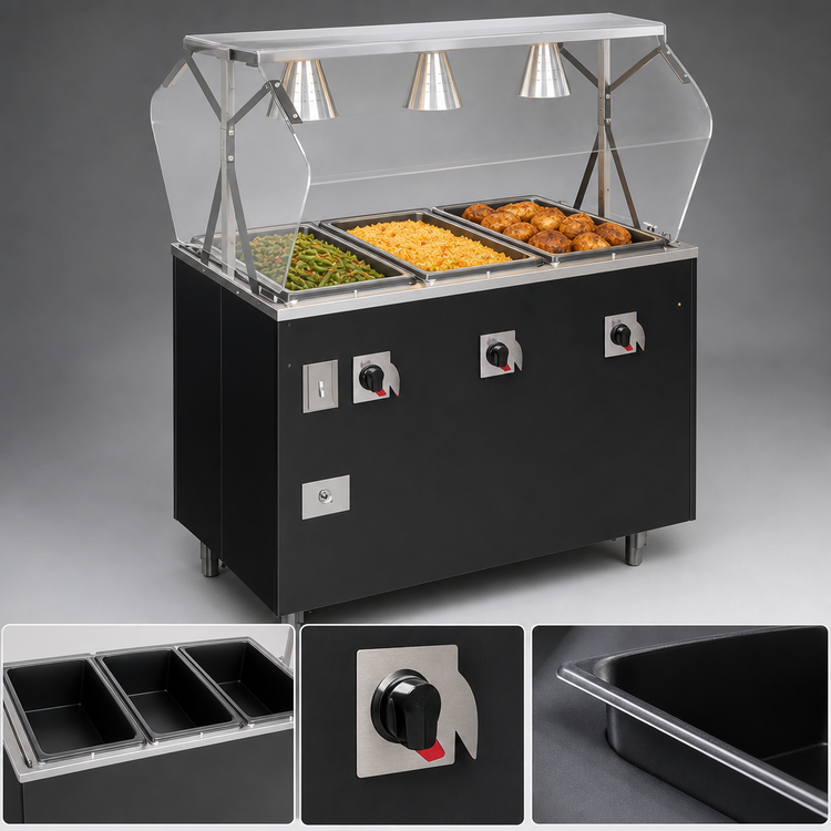 Product image #3 for Vollrath 2-Series Affordable Portable 46-Inch 3-Well Mobile Hot Food Station Deluxe with Buffet Breath Guard, Lights, and Open Storage Base