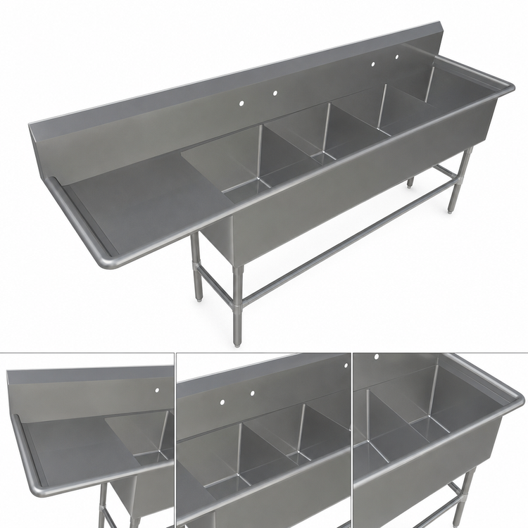 Product image #3 for John Boos Pro-Bowl 4-Compartment Stainless Steel Sink with 30-Inch Left Drainboard and 10-Inch Backsplash