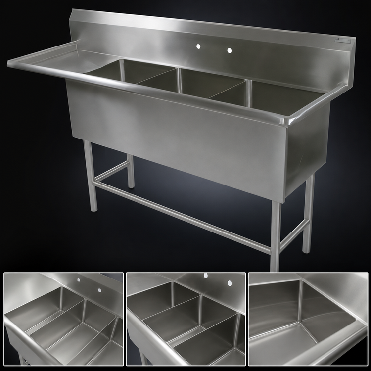 Product image #3 for John Boos Pro-Bowl 3-Compartment Sink with Left Drainboard, 24 x 24 x 12 Bowls, 16-Gauge Stainless Steel
