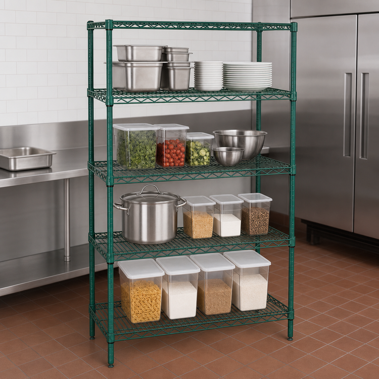 Product image #3 for Quantum Stationary Wire Shelving Starter Kit, 24 x 18 x 86 Inches, 4 Shelves, Green Epoxy Finish