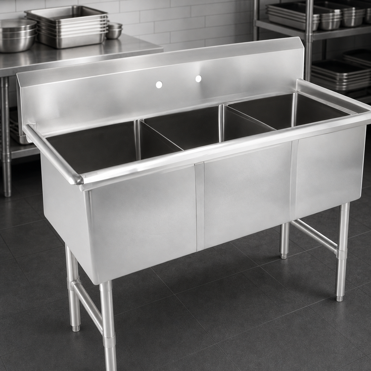 Product image #3 for John Boos 3-Compartment Stainless Steel Floor Model Sink, 77-1/8-Inch W x 29-1/2-Inch D, with 10-Inch Backsplash