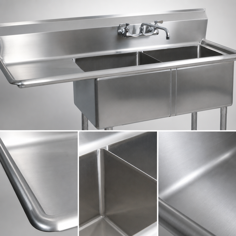 Product image #3 for BK Resources Two-Compartment Stainless Steel Sink with Left Drainboard, 18" x 18" x 12" Bowls