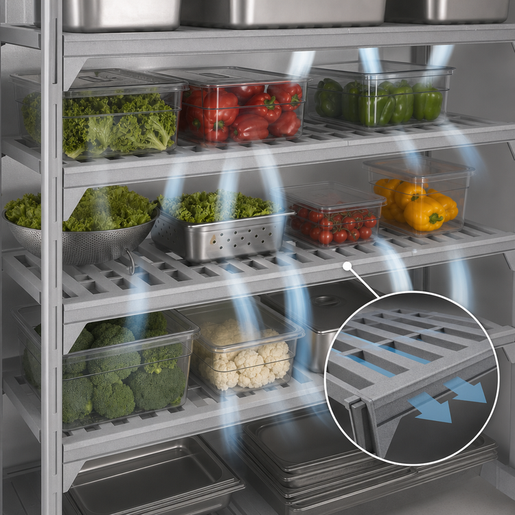 Product image #4 for Cambro Camshelving Premium 24"W x 72"L Vented Polymer Shelf Kit, 5 Shelves, Speckled Gray