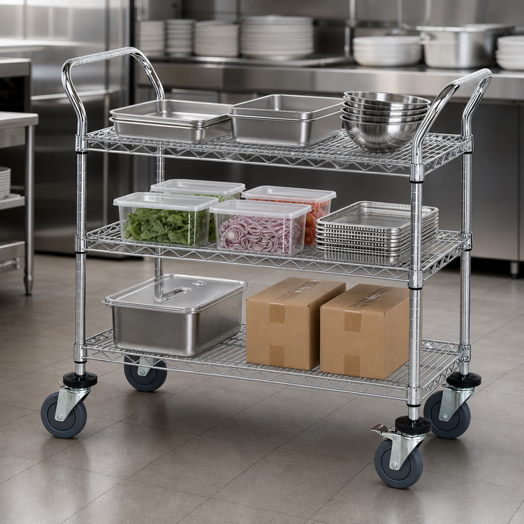 Product image #3 for Quantum WRC-1848GY-3 48 in. x 18 in. Gray Epoxy 3-Shelf Wire Utility Cart