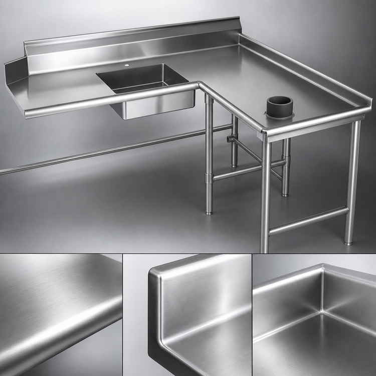 Product image #3 for Eagle Group Right-Hand Island Soiled Dishtable with Pre-Rinse Sink, 96-Inch x 60-Inch, 30-Inch Working Depth, 16/430 Stainless Steel
