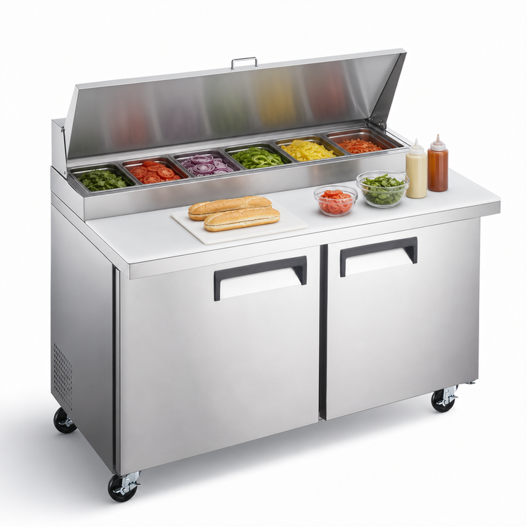 Product image #3 for Hurakan by Equip.me 48-Inch Mega Top Refrigerated Sandwich Prep Table, 2-Door, 9.5 Cu. Ft.