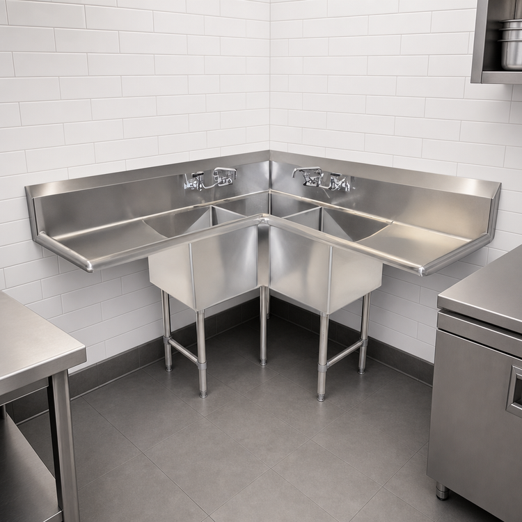Product image #3 for BK Resources 3-Compartment Corner Sink with Dual 24-Inch Drainboards, 75 x 75 x 43-1/2 Inches