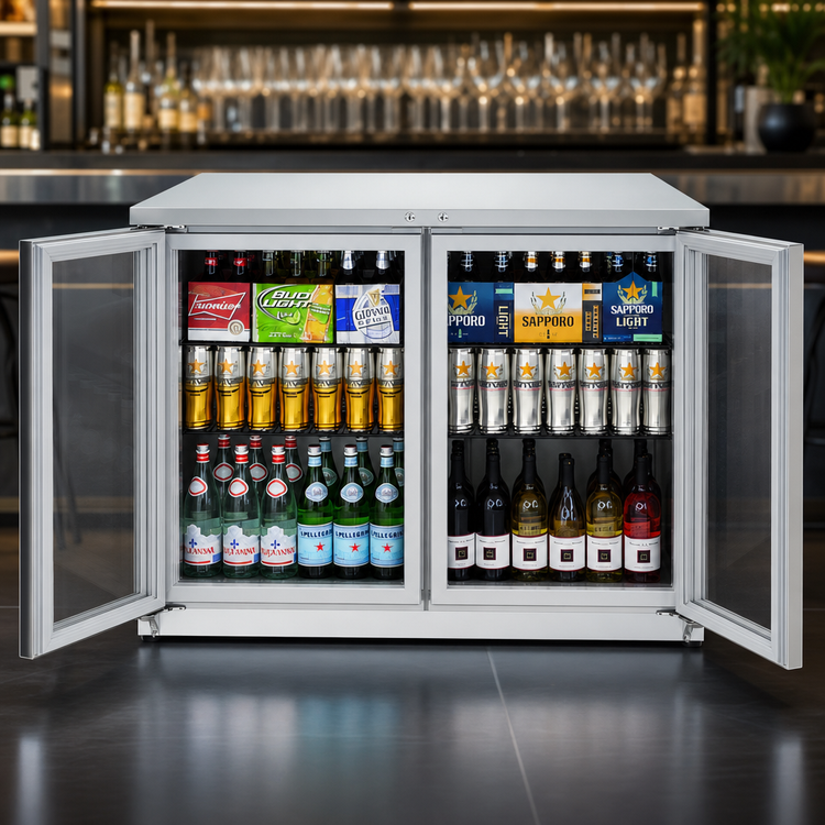Product image #3 for Everest Refrigeration Two-Section Back Bar Refrigerator with Glass Hinged Locking Doors, 57-3/4 Inch, Stainless Steel