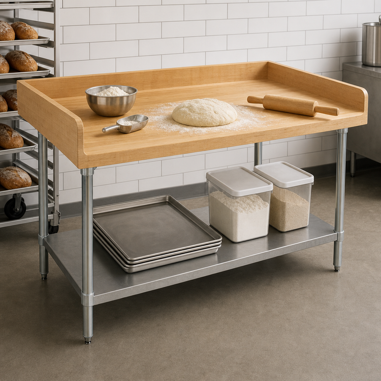 Product image #3 for Advance Tabco 96-Inch Wood Top Bakers' Work Table with Rear and Side Splash, Adjustable Galvanized Undershelf