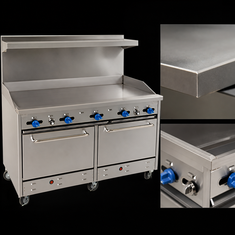 Product image #3 for Comstock-Castle 60-Inch Commercial Gas Range with 3/4-Inch Griddle, 2 Standard Ovens and Back Riser High Shelf