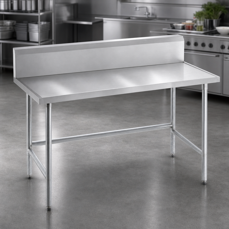 Product image #3 for Advance Tabco TVKG-3610 120-Inch x 36-Inch 14-Gauge 304 Stainless Steel Work Table with 10-Inch Backsplash and Galvanized Open Base