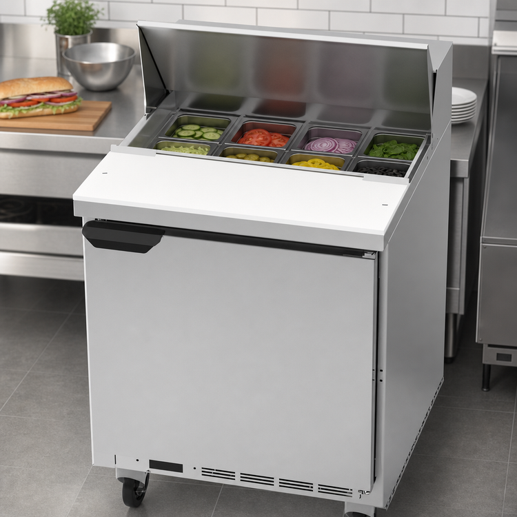 Product image #4 for Beverage-Air SPE27HC-B 27-Inch 1-Door Sandwich Prep Table Refrigerator with 8-Pan Top and 10-Inch Cutting Board