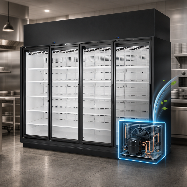 Product image #3 for True TRM4L 4-Door Low-Temp Self-Contained Glass Door Freezer Merchandiser