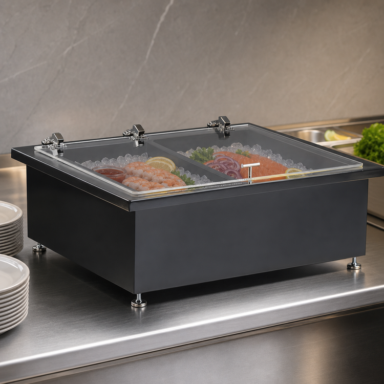 Product image #3 for Portable Insulated Double Ice Well with Acrylic Lid, Brushed Aluminum, Fits 2 Full-Size Templates