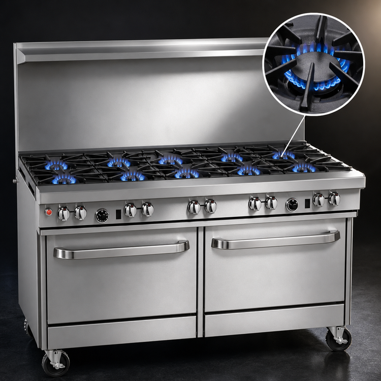 Product image #3 for Southbend Ultimate 60-Inch Gas Restaurant Range with 10 Open Burners, 2 Cabinets, and Hi-Shelf Backriser