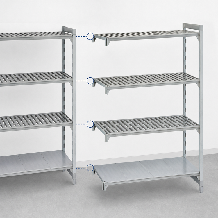 Product image #4 for Cambro Camshelving Premium Stationary Add-On Polymer Shelving Unit, 30"W x 24"D x 64"H, 4-Tier, 3 Vented + 1 Solid Shelf Plates, Speckled Gray