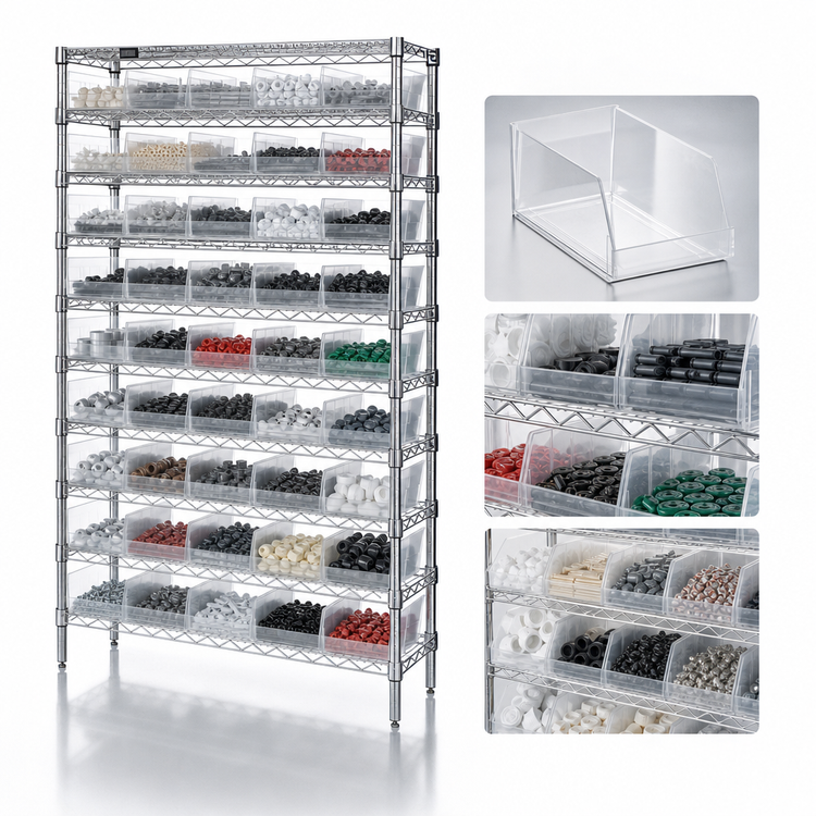 Product image #3 for Quantum WR12-102CL 36"W x 12"D x 74"H Chrome-Plated Wire Shelving Bin System with 55 Clear Bins