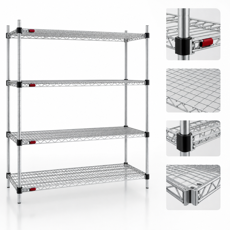 Product image #3 for Eagle Quad-Adjust Stationary 4-Tier Chrome Wire Shelving Starter Unit, 72W x 24D x 74H