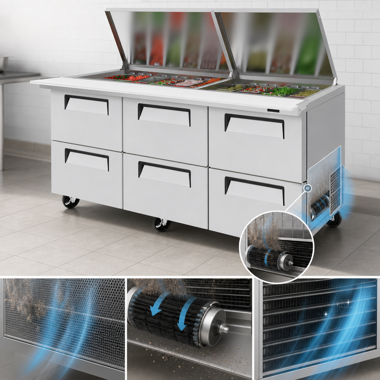 Product image #3 for Turbo Air Super Deluxe 72-5/8-Inch Three-Section Refrigerated Mega Top Sandwich/Salad Prep Table, 6 Drawers, Flat Lid