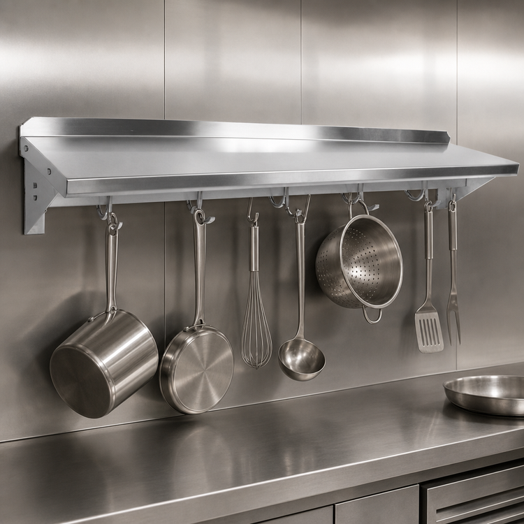 Product image #3 for John Boos Stallion 108-Inch Wall-Mount Stainless Steel Pot Rack Shelf with 9 Hooks