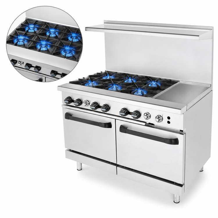 Product image #3 for Turbo Air Radiance 48-Inch Commercial Gas Range with 6 Open Burners, 12-Inch Griddle, and 2 Standard Ovens