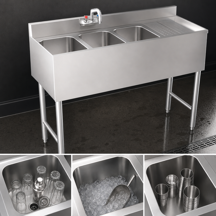 Product image #3 for Krowne Silver Series Three-Compartment Stainless Steel Bar Sink with Integrated Drainboard and Wall-Mount Faucet
