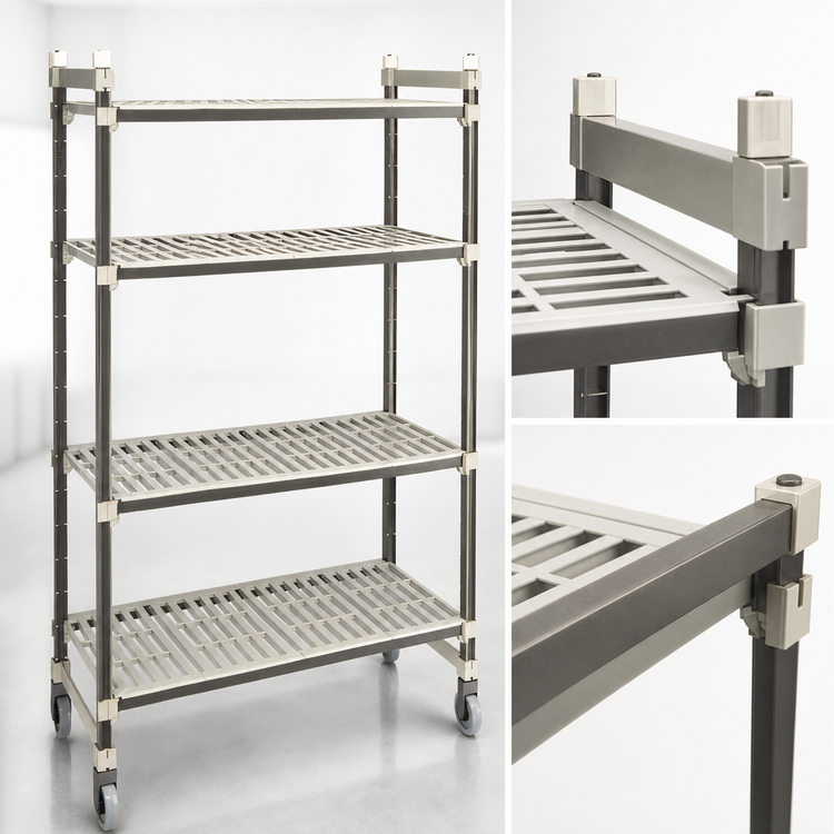 Product image #3 for Cambro Camshelving Elements XTRA High Density Top Rail Mobile Starter Unit, 24 x 36 x 80 Inches, 4-Shelf Vented, Speckled Gray