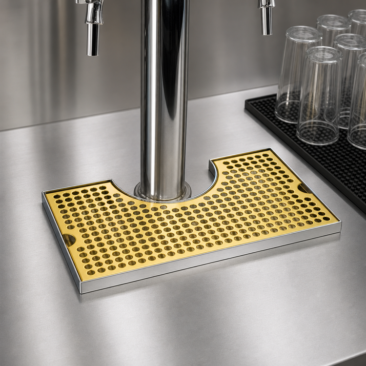 Product image #3 for Surface Mount Stainless Steel Draft Beer Drip Tray Trough with PVD Brass Screen, 14 x 8 Inches
