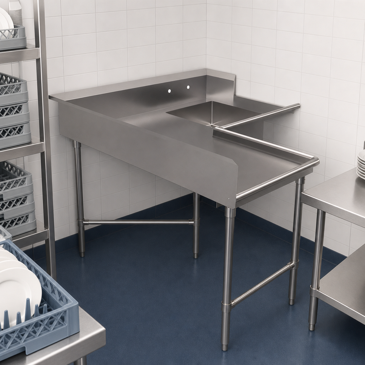 Product image #3 for BK Resources Corner L-Shaped Soiled Dishtable with 20" x 20" x 8" Welded Bowl, 60" x 72", Left-to-Right Operation