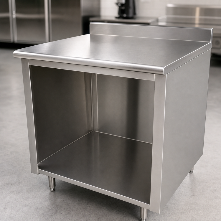 Product image #3 for Advance Tabco 144 Inch x 30 Inch 304 Stainless Steel Work Table with 5 Inch Backsplash and Open Front Cabinet Base