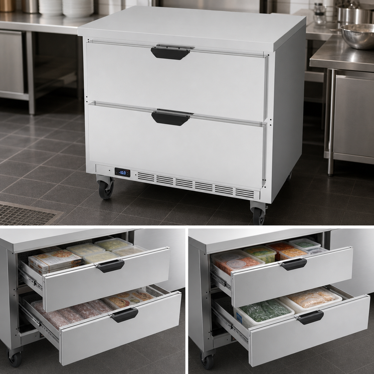 Product image #3 for Beverage-Air 36-Inch One-Section 2-Drawer Worktop Freezer, 8.7 Cu. Ft., Flat Top, Self-Contained Rear-Mounted Refrigeration