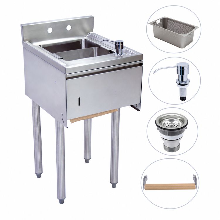 Product image #3 for BK Resources Underbar Dump Sink with Soap and Towel Dispenser, 12 Inch x 21-1/4 Inch, 1 Compartment, Stainless Steel