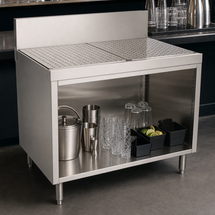 Product image #3 for Advance Tabco Prestige Supreme Stainless Steel 36-Inch Open Front Underbar Drainboard Cabinet with 7-Inch Backsplash