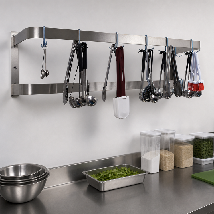 Product image #3 for Advance Tabco Wall-Mounted Double-Bar Stainless Steel Pot Rack, 96 Inch x 12 Inch, 18 Plated Double Hooks