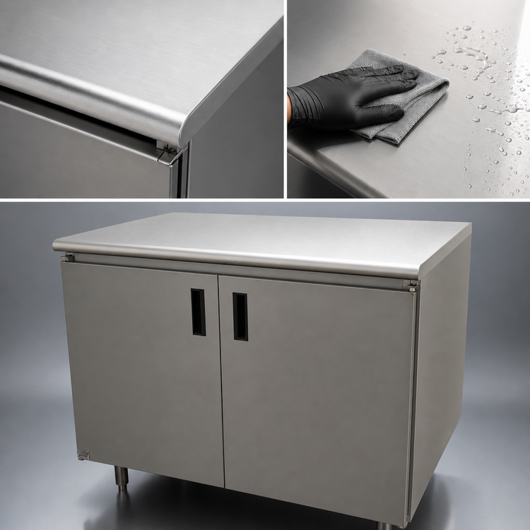 Product image #3 for Advance Tabco 36-Inch x 24-Inch Enclosed Work Table with Cabinet Base, Mid-Shelf, Hinged Doors, and 14-Gauge 304 Stainless Steel Top