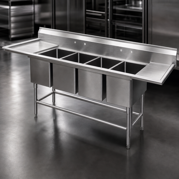 Product image #3 for Eagle Group Spec-Master FN Series 119.5"W Four-Compartment Stainless Steel Sink with 20x20x14" Bowls and 30" Right Drainboard