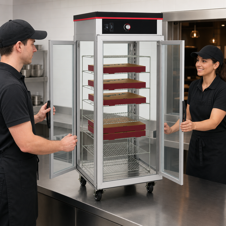 Product image #3 for Hatco Flav-R-Savor Tall Pass-Thru Dry Pizza Holding Cabinet, Full Height, 2 Clear Doors, 16 Pizza Box Capacity