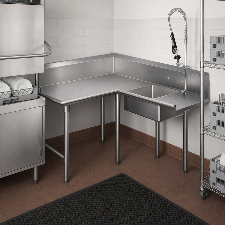 Product image #3 for John Boos Pro-Bowl Corner L-Shaped Soiled Dishtable with 20 x 20 x 8 Inch Pre-Rinse Sink Bowl, 60 Inch Machine-to-Corner x 48 Inch Corner-to-End, Left-to-Right