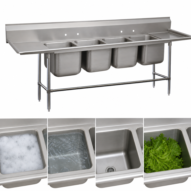 Product image #3 for Advance Tabco Regaline 4-Compartment Sink with Left and Right Drainboards, 24" x 24" Bowls, 14-Gauge 304 Stainless Steel