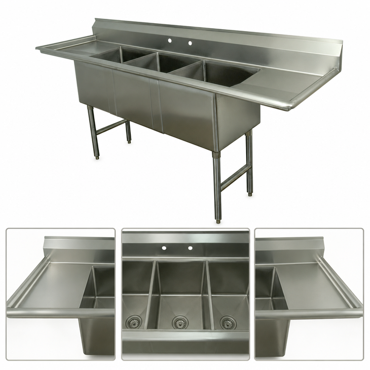 Product image #3 for Advance Tabco Fabricated 3-Compartment Stainless Steel Sink with Left and Right Drainboards, 96-Inch Long